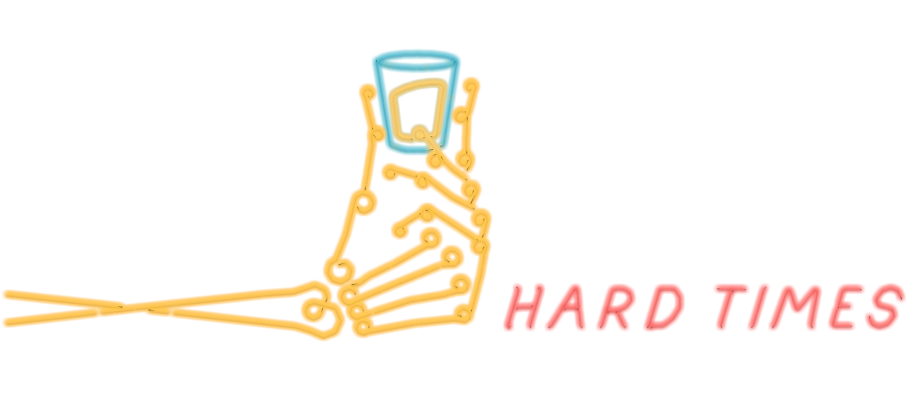 a neon sign of an ominous, skeletal hand holding onto an alluring glass of hard times whisky